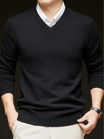 Grey Men's V Neck Sweater – Classic Fine Knit Winter - Black
