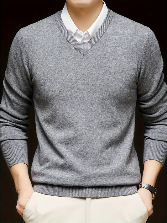 Grey Men's V Neck Sweater – Classic Fine Knit Winter - Grey