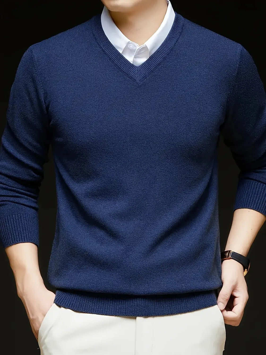 Grey Men's V Neck Sweater – Classic Fine Knit Winter - Navy Blue