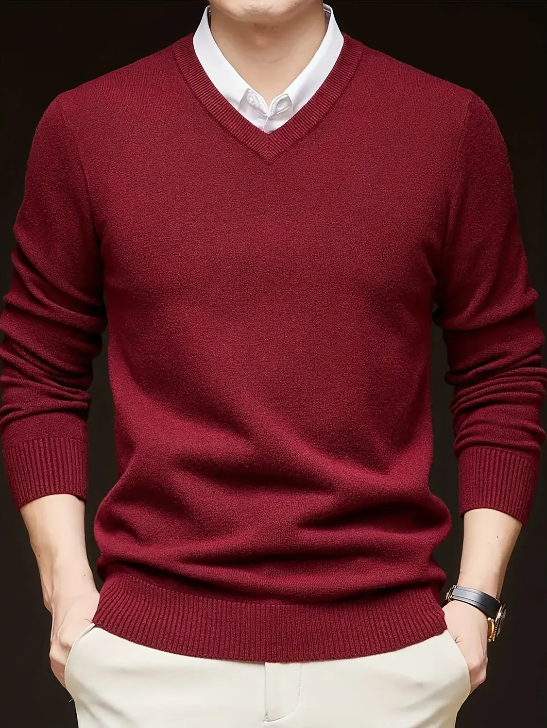 Grey Men's V Neck Sweater – Classic Fine Knit Winter - Red