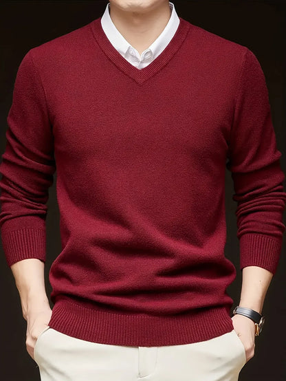 Grey Men's V Neck Sweater – Classic Fine Knit Winter - Red