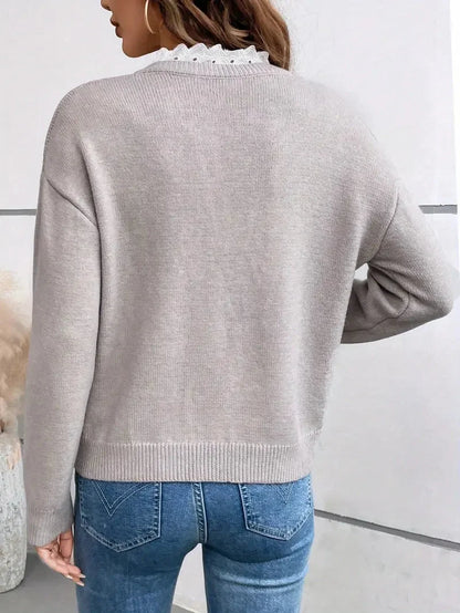 Navy V Neck Sweater – Women's Scalloped Trim Winter Knit