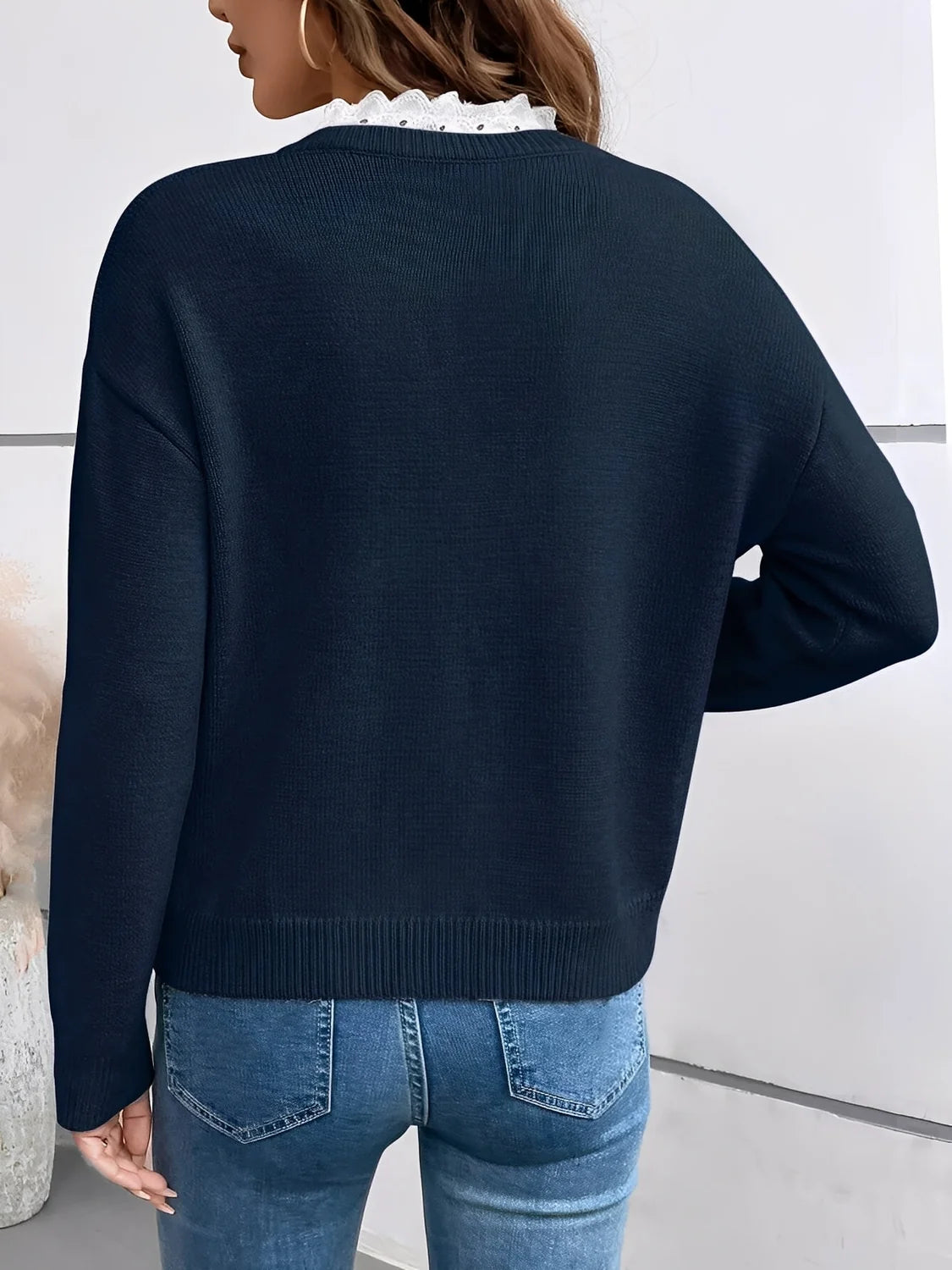 Navy V Neck Sweater – Women's Scalloped Trim Winter Knit