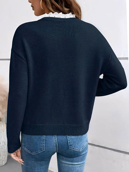 Navy V Neck Sweater – Women's Scalloped Trim Winter Knit