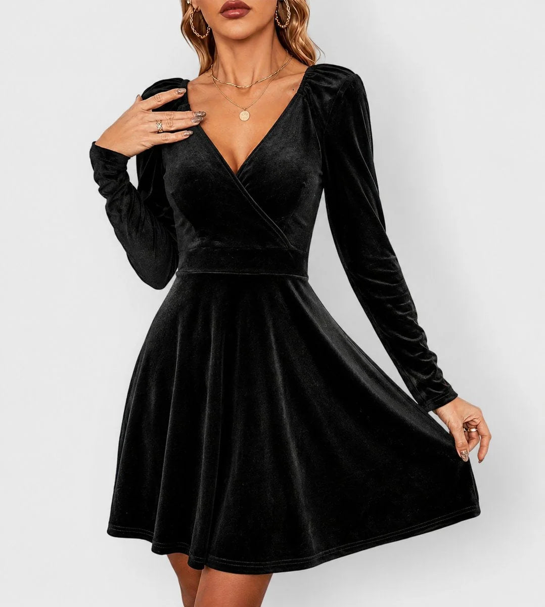 Red Christmas Dress – Velvet V-Neck Skater Long Sleeve - Black