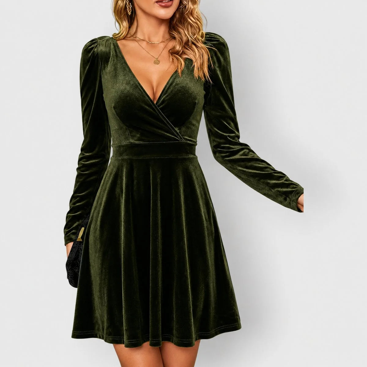 Red Christmas Dress – Velvet V-Neck Skater Long Sleeve - Green