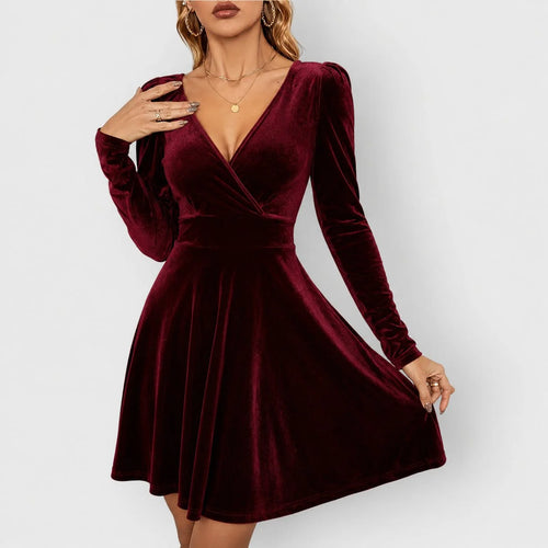 Red Christmas Dress – Velvet V-Neck Skater Long Sleeve