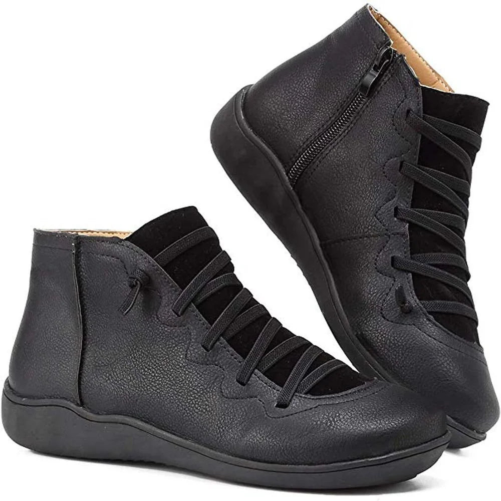 Black Ankle Boots for Women – Side Zip Elastic Lace Flat - Black
