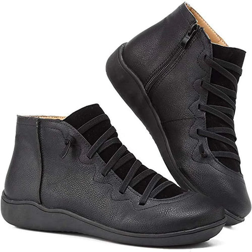 Black Ankle Boots for Women – Side Zip Elastic Lace Flat