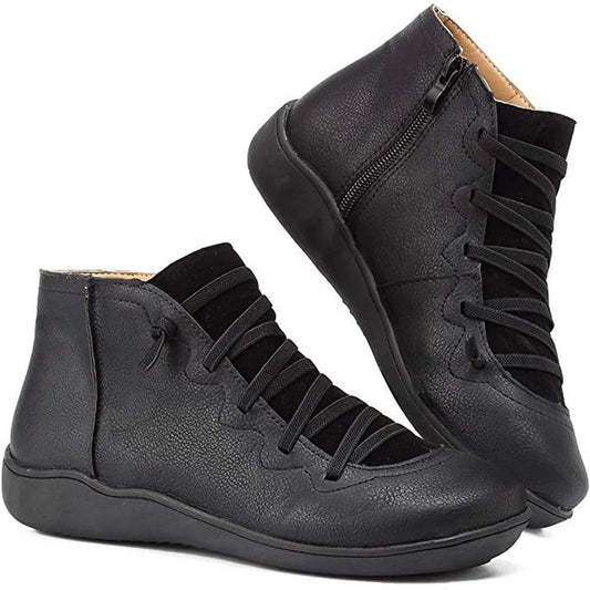 Black Ankle Boots for Women – Side Zip Elastic Lace Flat - Black