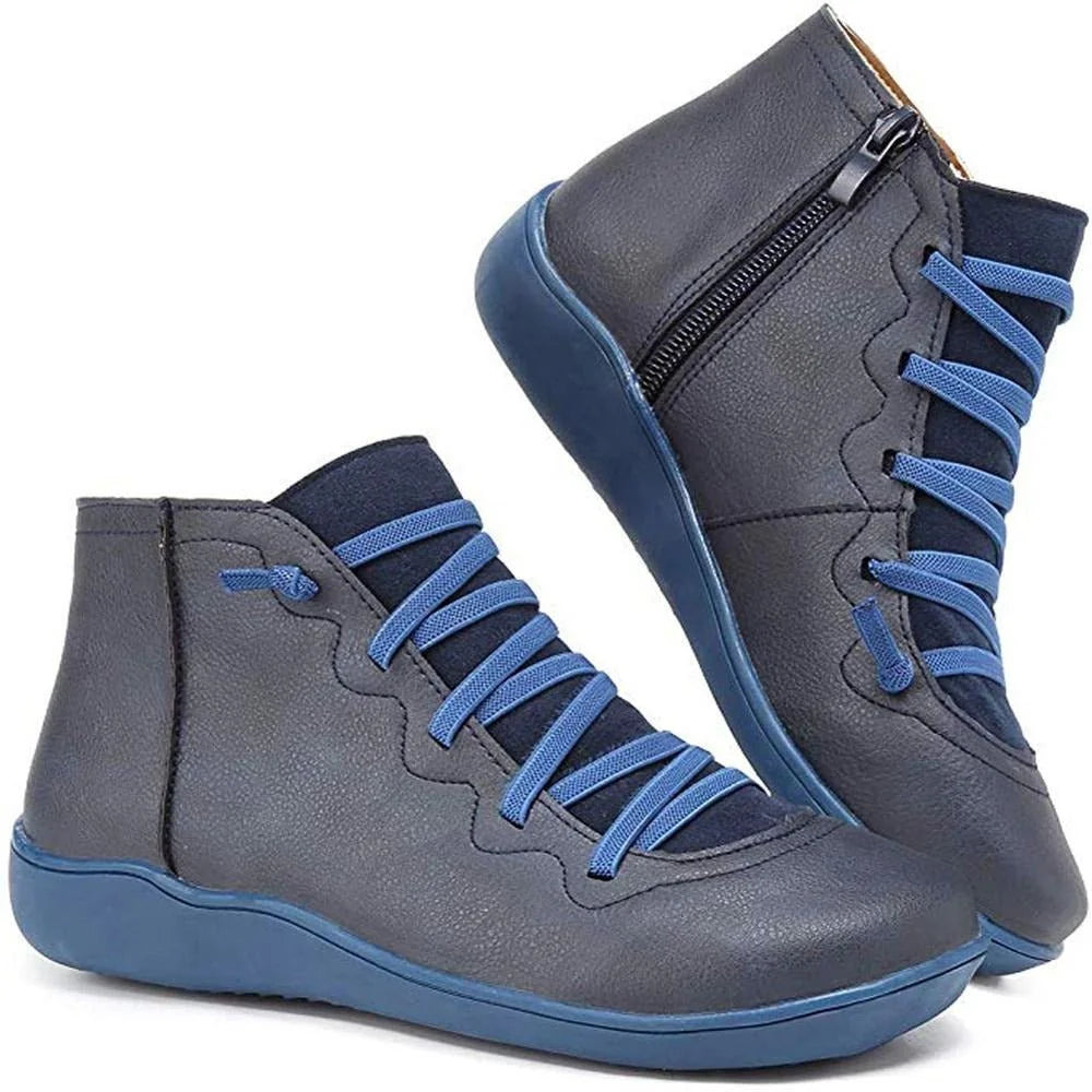 Black Ankle Boots for Women – Side Zip Elastic Lace Flat - Blue