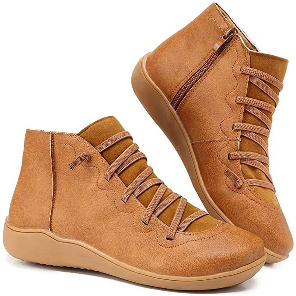 Black Ankle Boots for Women – Side Zip Elastic Lace Flat - Brown