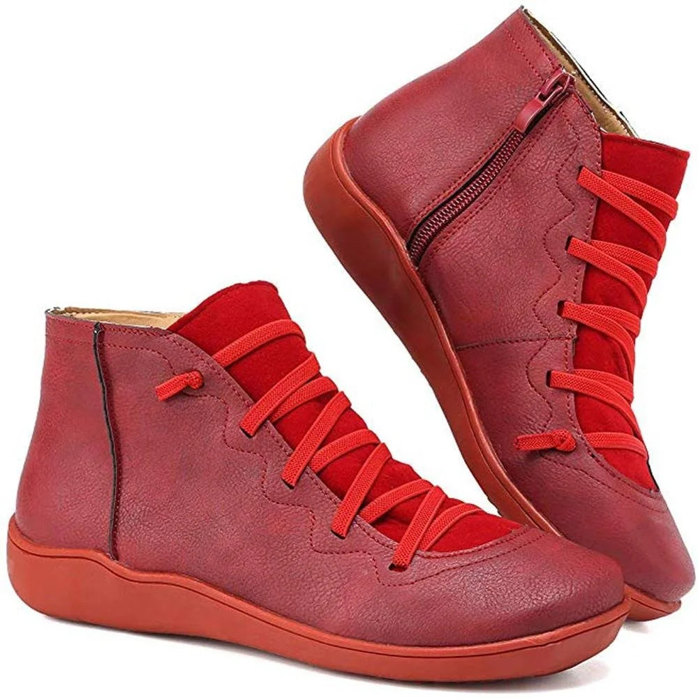 Black Ankle Boots for Women – Side Zip Elastic Lace Flat - Red