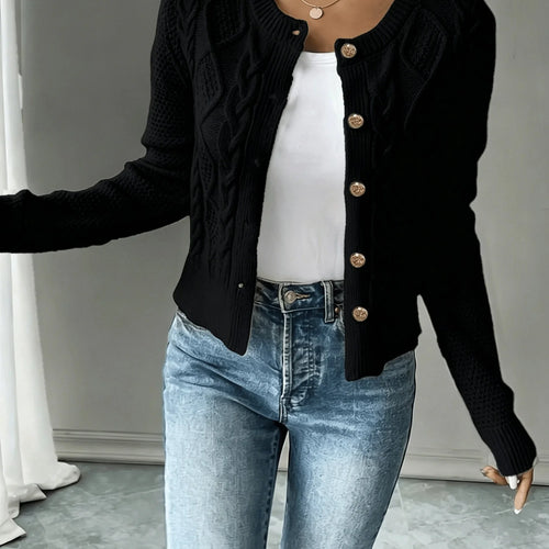Black Cardigan Women – Cable Knit Crew Neck Button Front