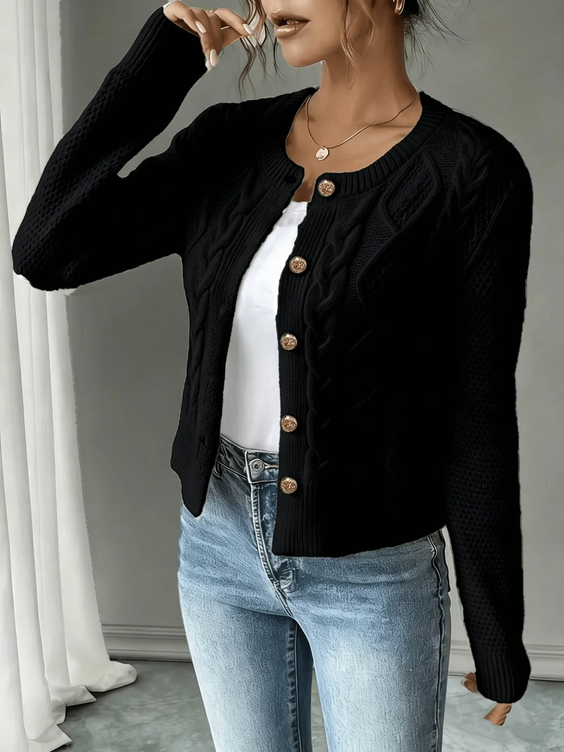 Black Cardigan Women – Cable Knit Crew Neck Button Front
