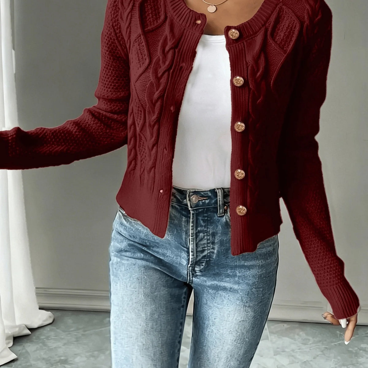 Black Cardigan Women – Cable Knit Crew Neck Button Front - Burgundy