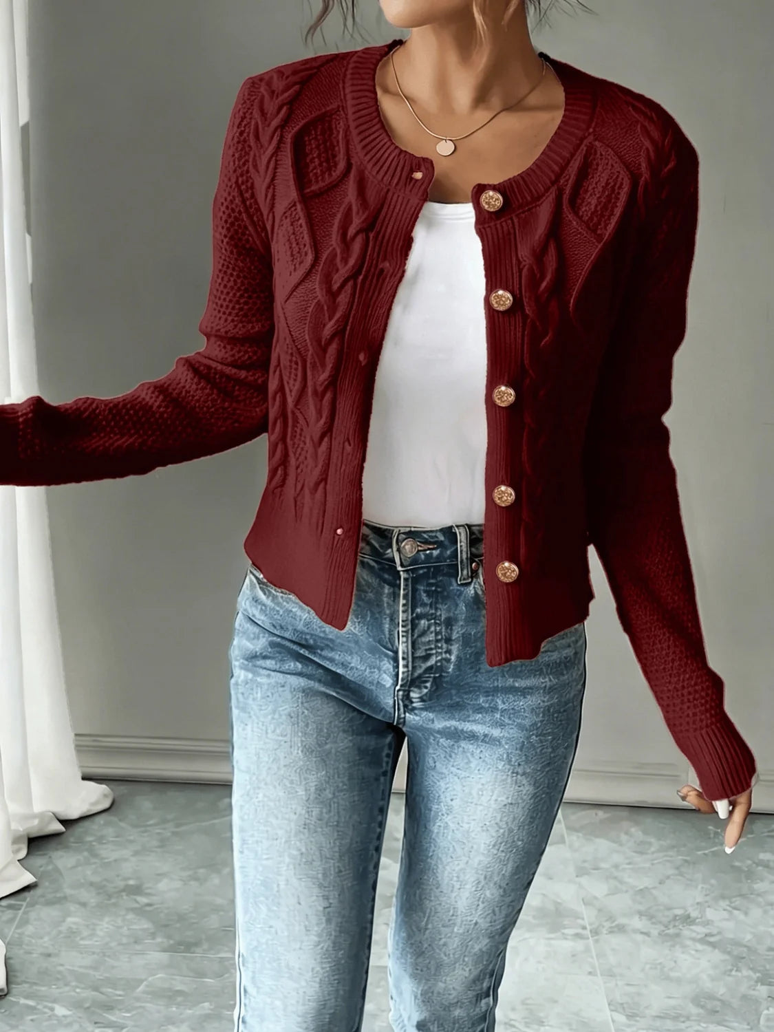 Black Cardigan Women – Cable Knit Crew Neck Button Front