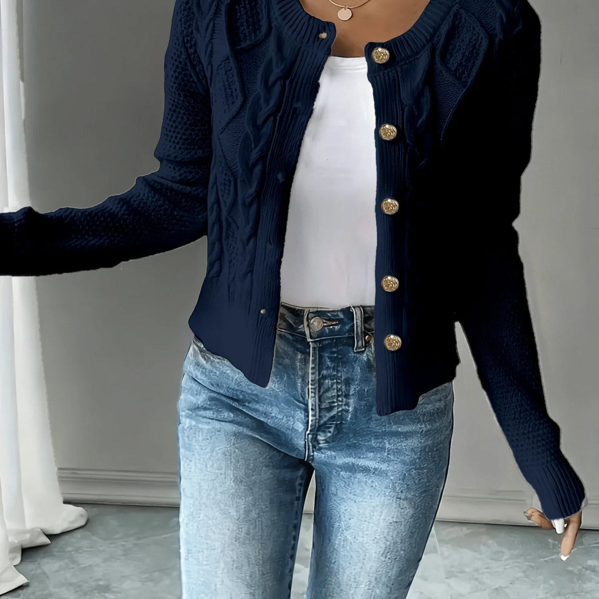 Black Cardigan Women – Cable Knit Crew Neck Button Front - Navy