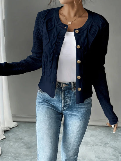 Black Cardigan Women – Cable Knit Crew Neck Button Front