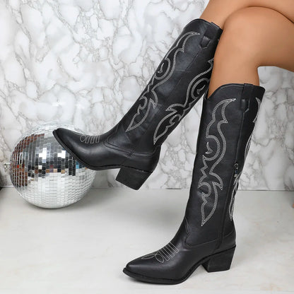 Black Cowboy Boots – Embroidered Knee-High Western Block Heel - Black