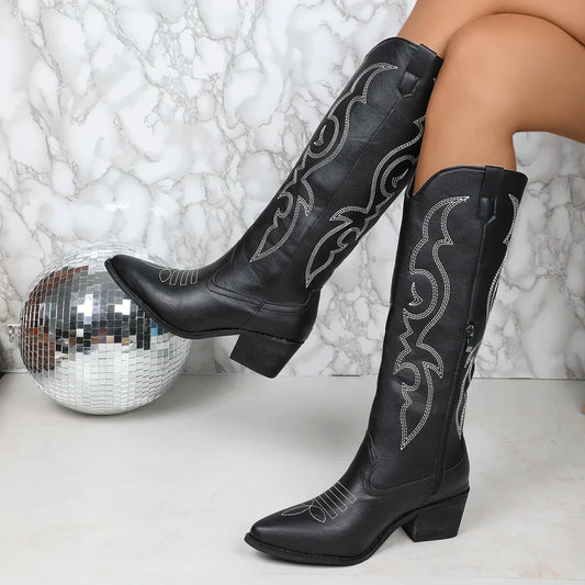 Black Cowboy Boots – Embroidered Knee-High Western Block Heel - Black