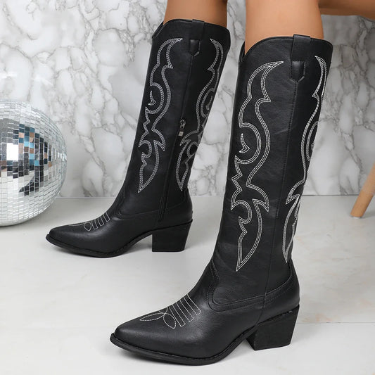 Black Cowboy Boots – Embroidered Knee-High Western Block Heel