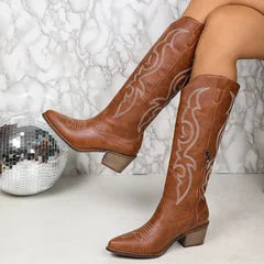 Black Cowboy Boots – Embroidered Knee-High Western Block Heel - Brown