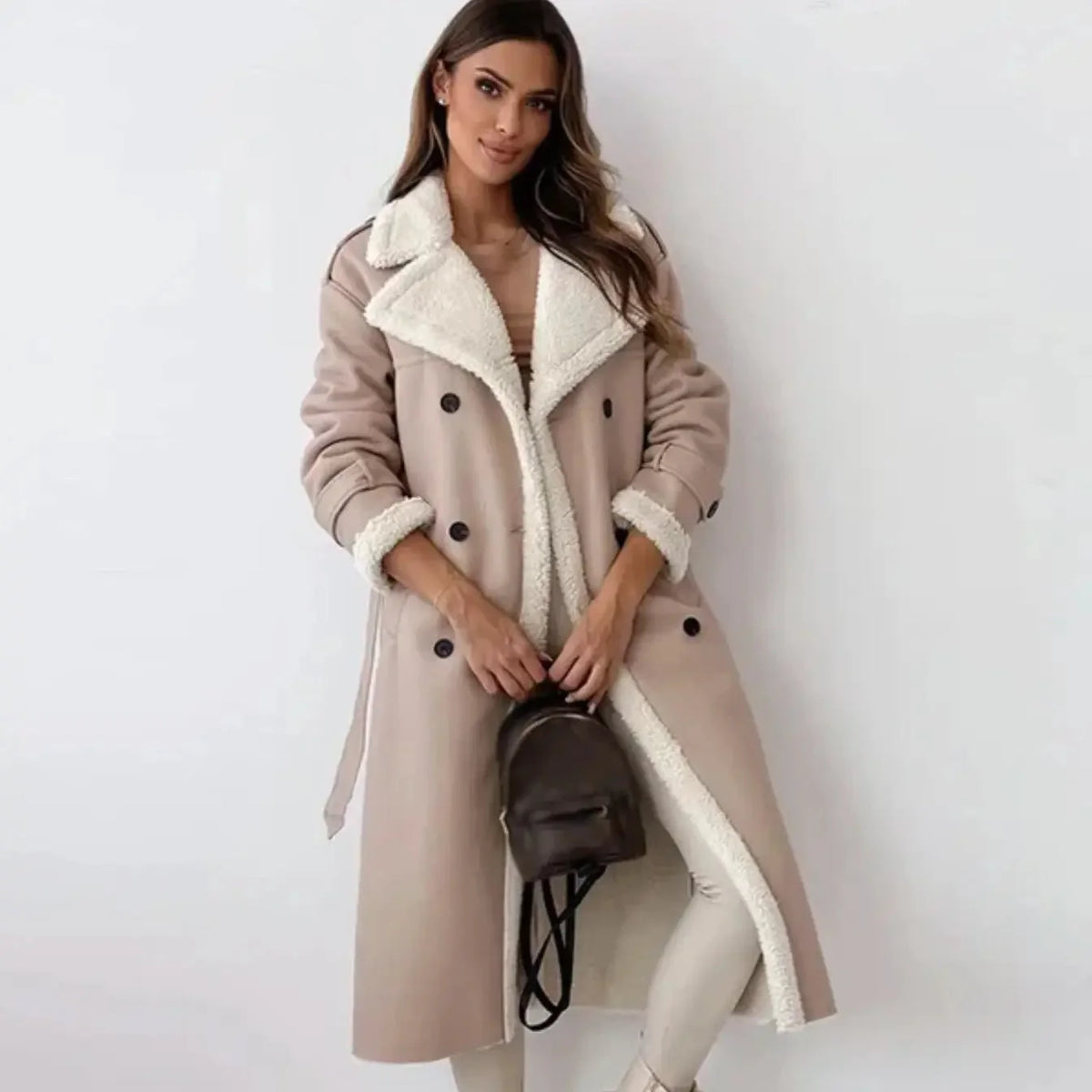 Black Faux Leather Coat – Long Teddy Collar Fleece-Lined - Apricot