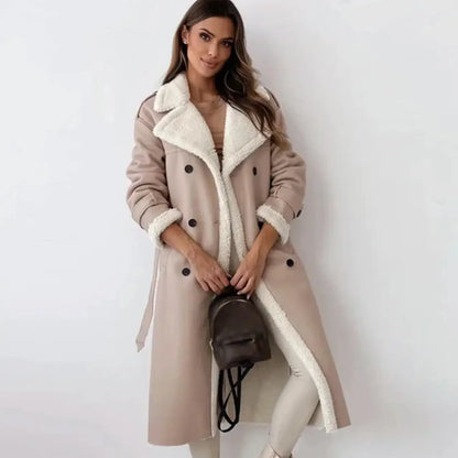 Black Faux Leather Coat – Long Teddy Collar Fleece-Lined - Apricot