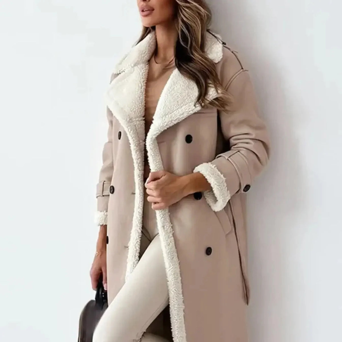 Black Faux Leather Coat – Long Teddy Collar Fleece-Lined