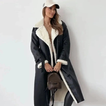 Black Faux Leather Coat – Long Teddy Collar Fleece-Lined - Black