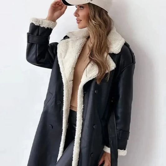 Black Faux Leather Coat – Long Teddy Collar Fleece-Lined