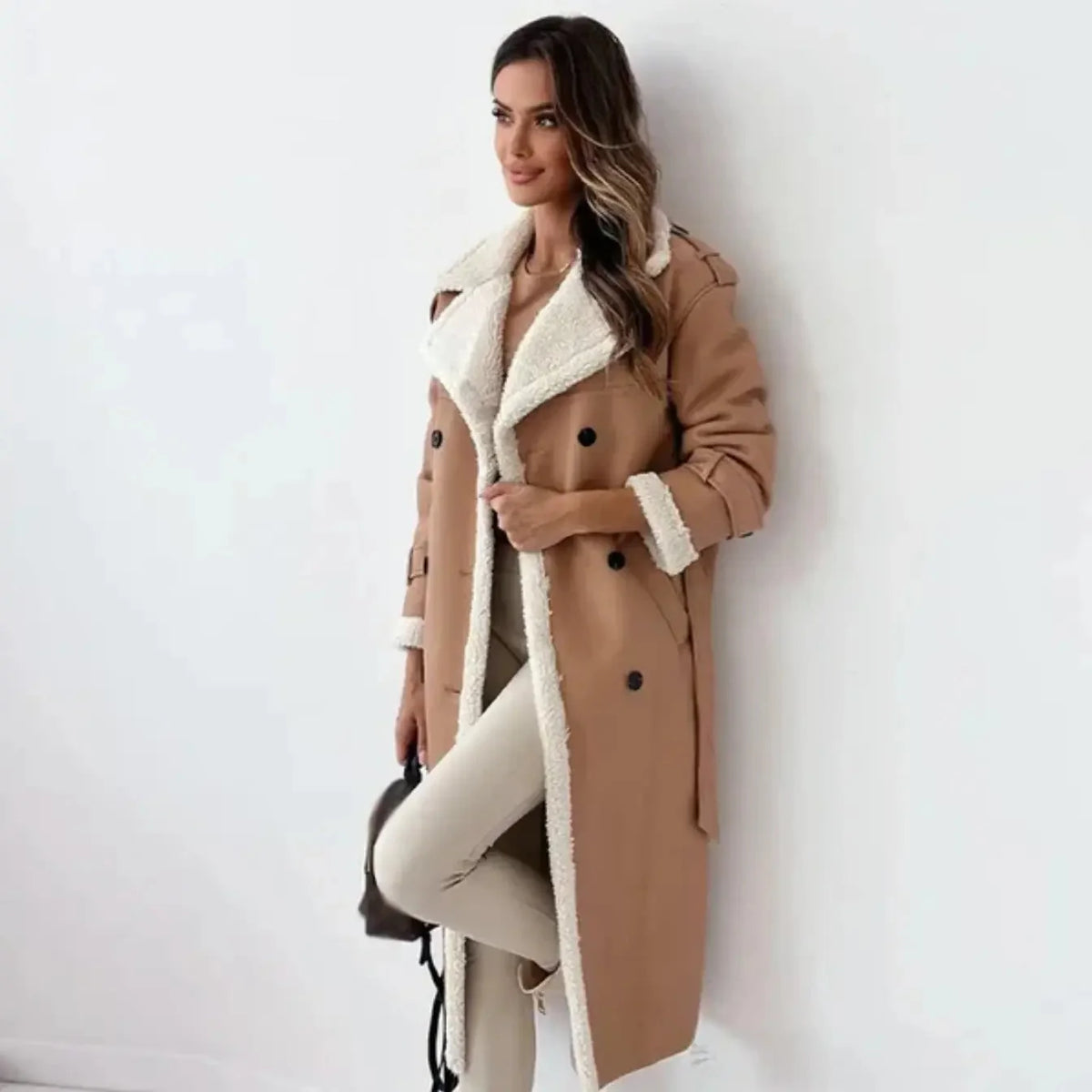 Black Faux Leather Coat – Long Teddy Collar Fleece-Lined - Khaki