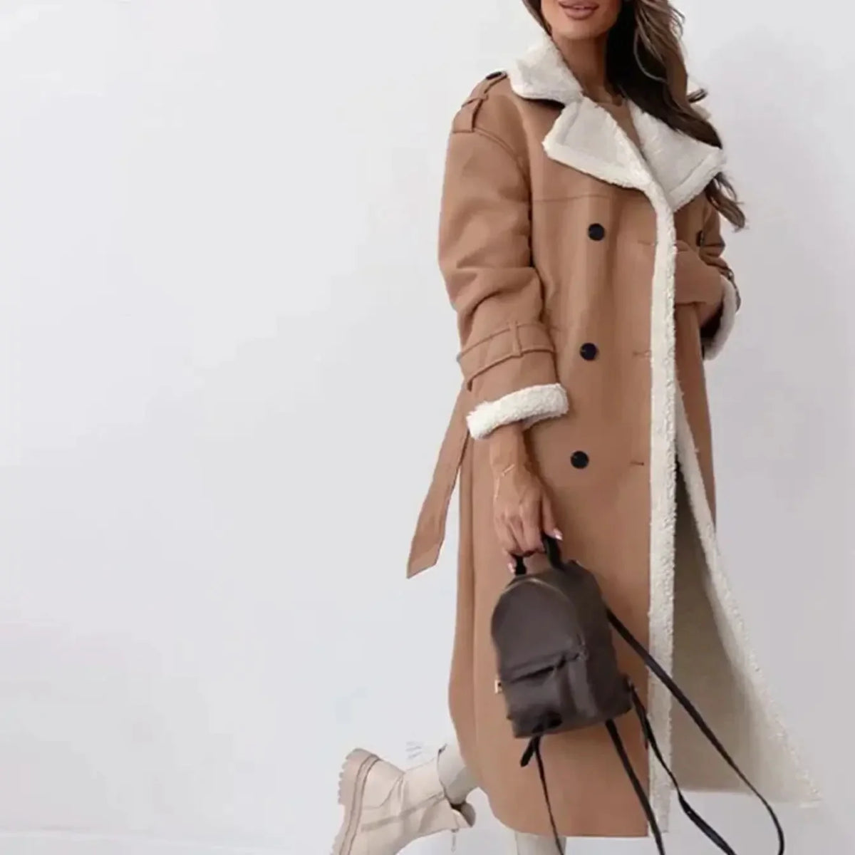 Black Faux Leather Coat – Long Teddy Collar Fleece-Lined