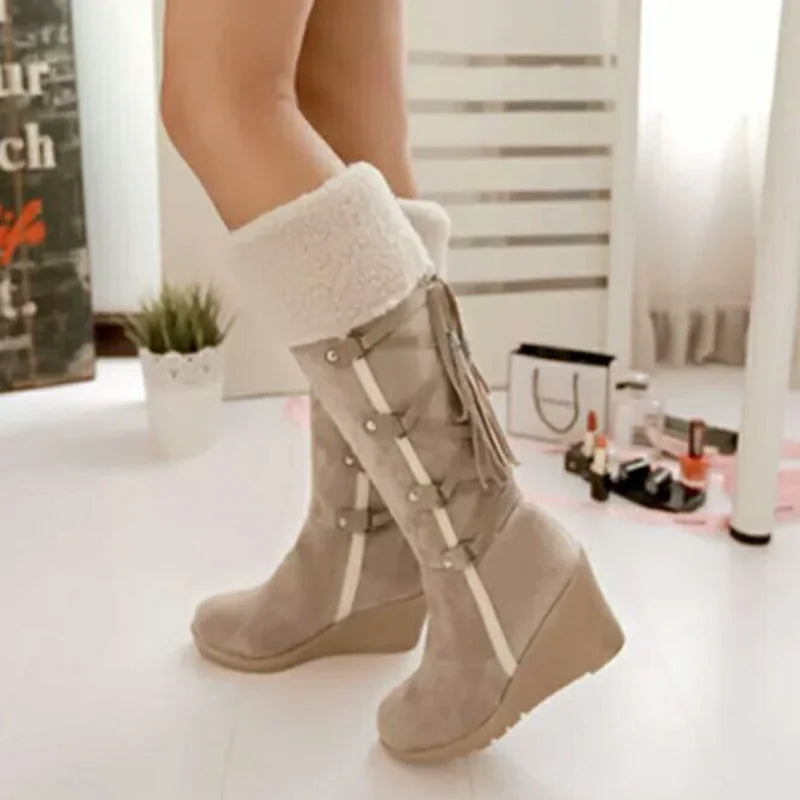 Black Fur Boots – Fur-Lined Wedge Knee High Winter - Beige