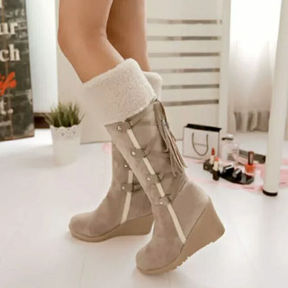 Black Fur Boots – Fur-Lined Wedge Knee High Winter - Beige