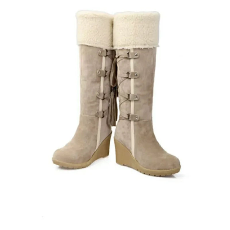 Black Fur Boots – Fur-Lined Wedge Knee High Winter