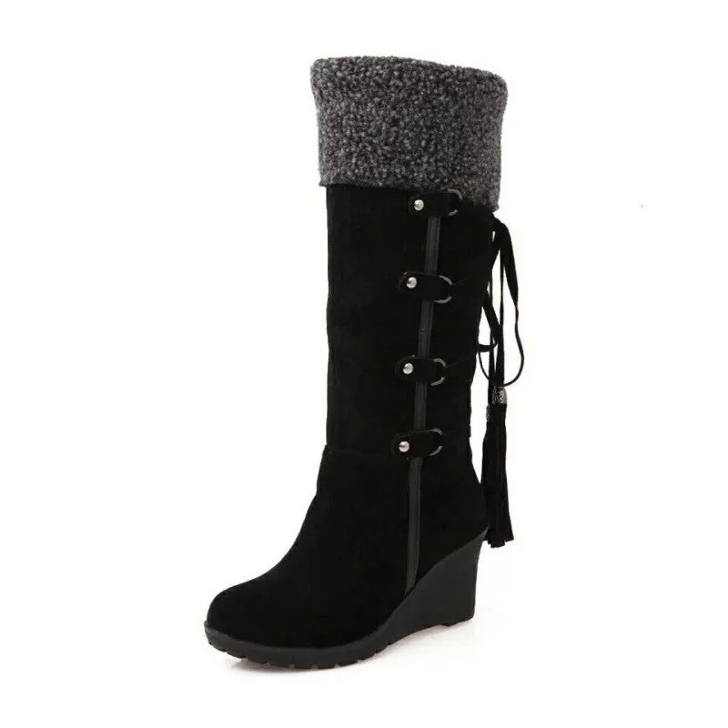 Black Fur Boots – Fur-Lined Wedge Knee High Winter - Black