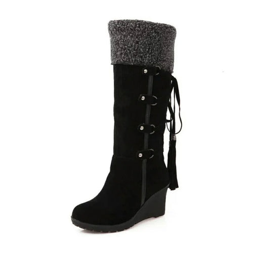 Black Fur Boots – Fur-Lined Wedge Knee High Winter