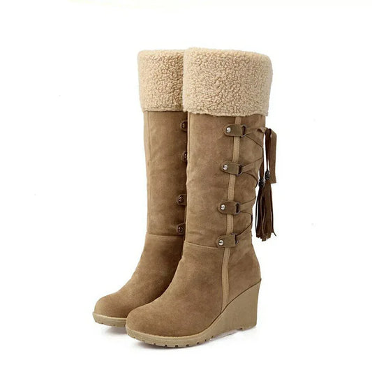 Black Fur Boots – Fur-Lined Wedge Knee High Winter - Brown
