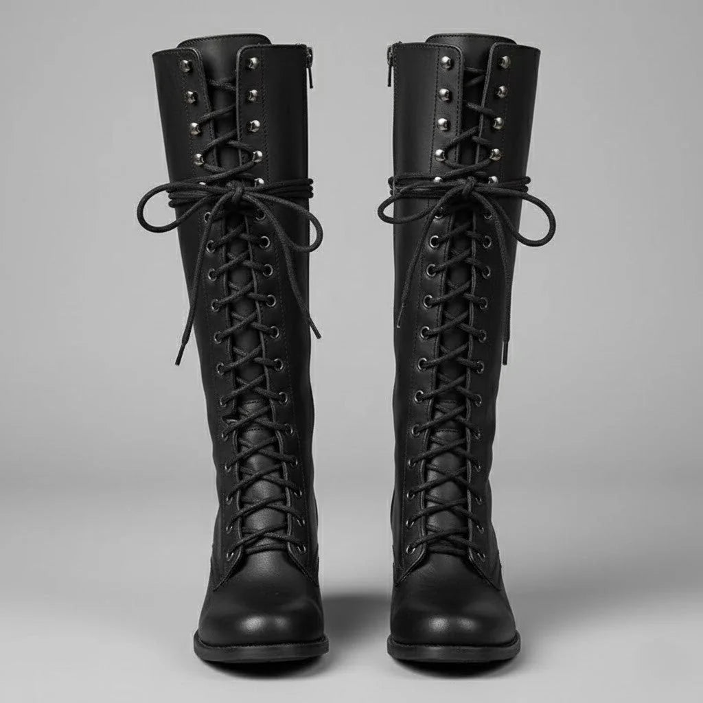 Black Knee High Boots – Lace-Up Block Heel Winter - Black