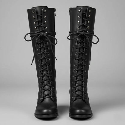 Black Knee High Boots – Lace-Up Block Heel Winter - Black