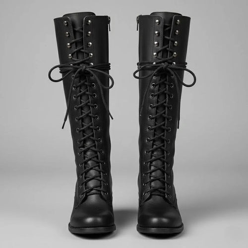 Black Knee High Boots – Lace-Up Block Heel Winter