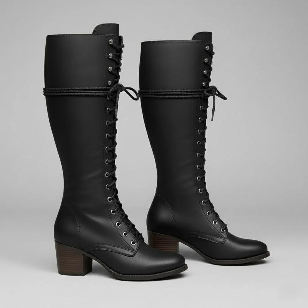 Black Knee High Boots – Lace-Up Block Heel Winter