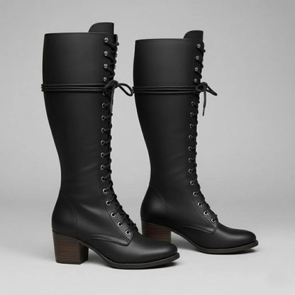 Black Knee High Boots – Lace-Up Block Heel Winter