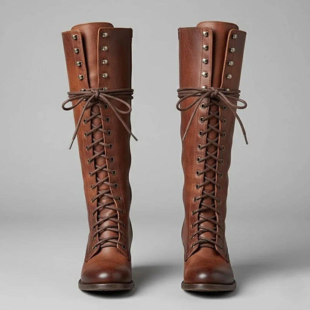 Black Knee High Boots – Lace-Up Block Heel Winter - Brown