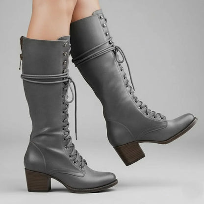 Black Knee High Boots – Lace-Up Block Heel Winter - Grey