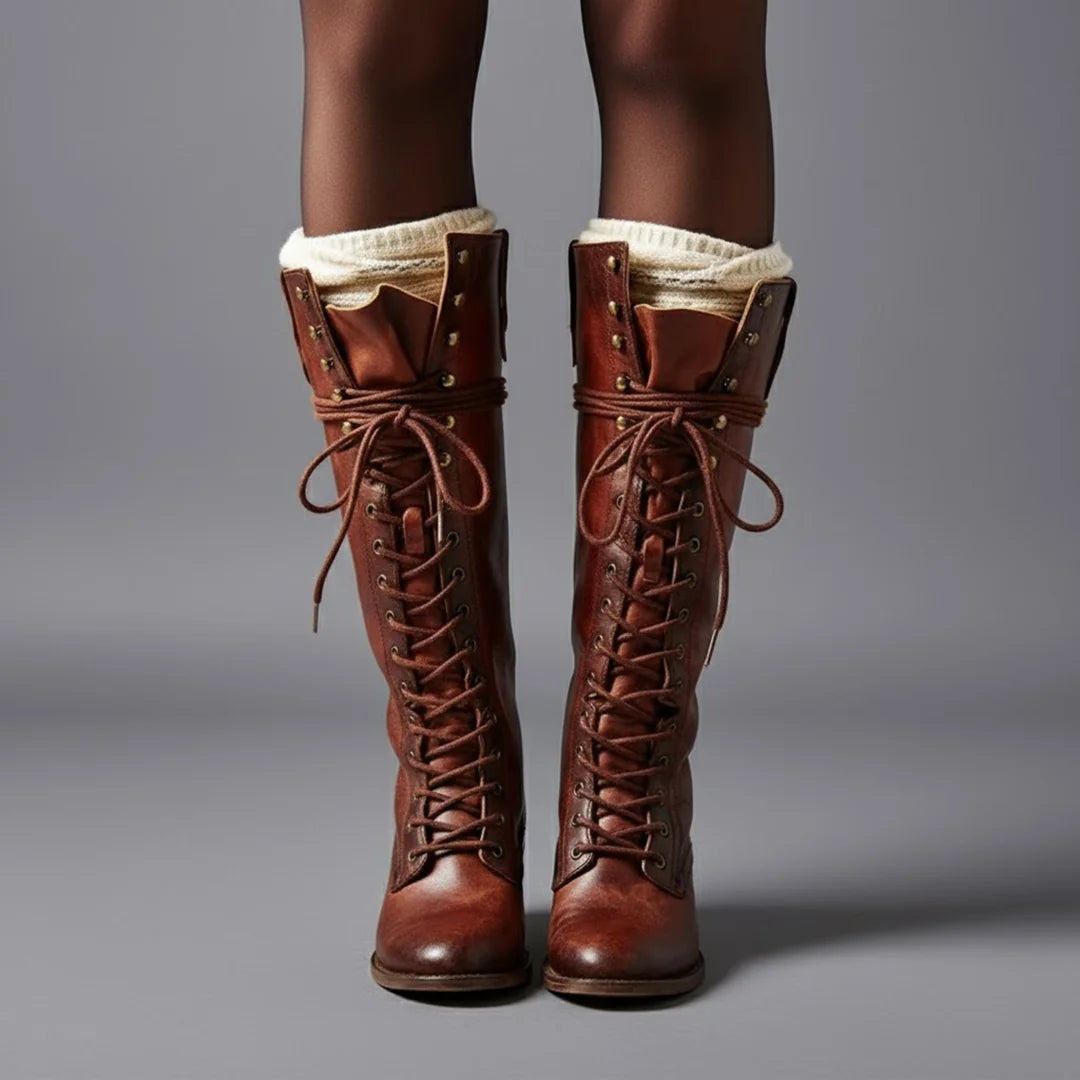 Black Knee High Boots – Lace-Up Block Heel Winter - Red Brown