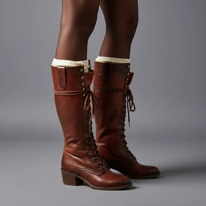 Black Knee High Boots – Lace-Up Block Heel Winter