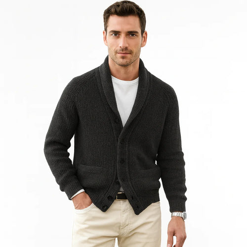 Black Men's Cardigan – Shawl Collar Button Front Knit
